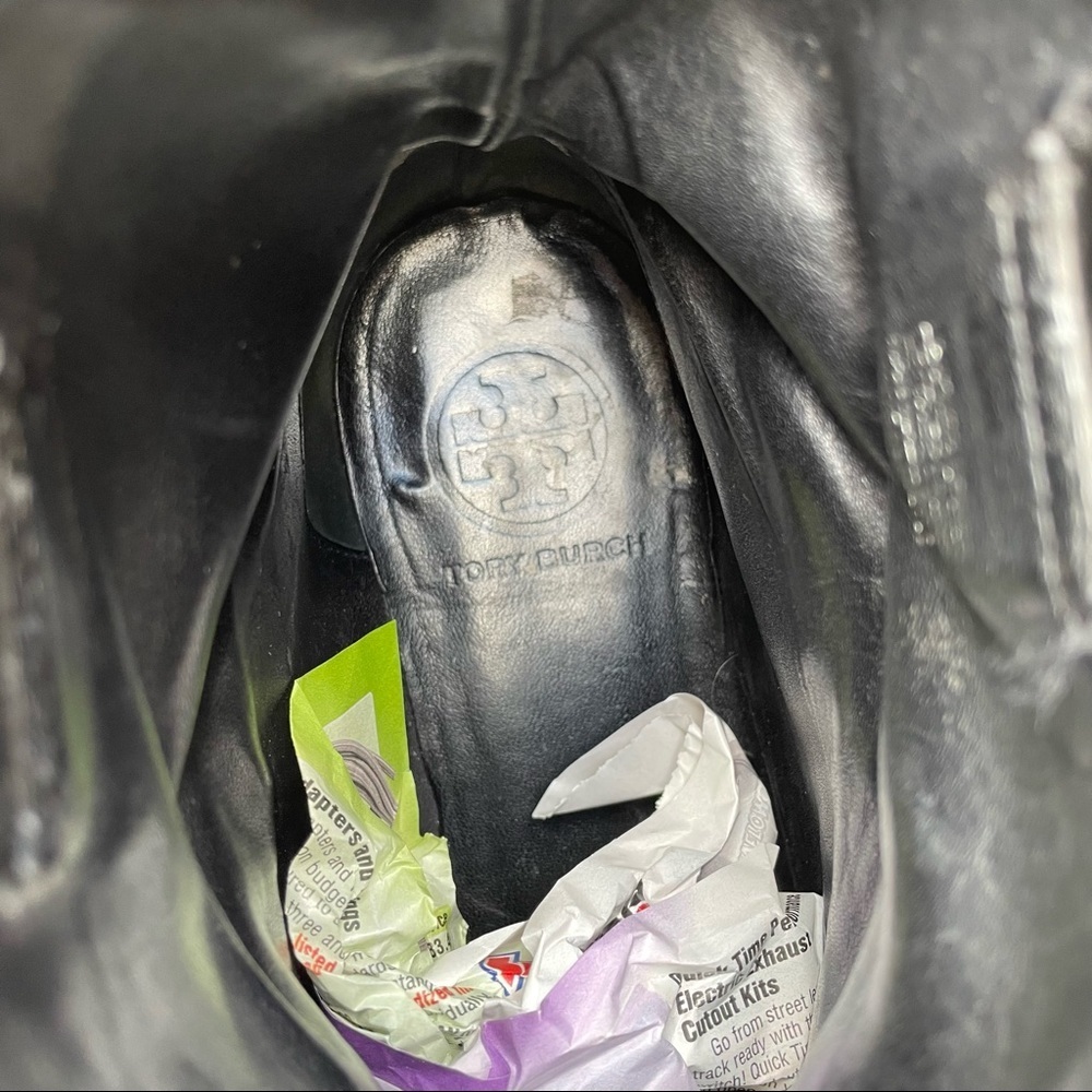 Rare Tory Burch Moto Boot Black Gold Leather Ronnie Biker Lug Sole Womens 7.5 - Picture 8 of 14